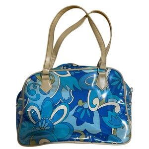 Blue & white floral shoulder bag with beige handles